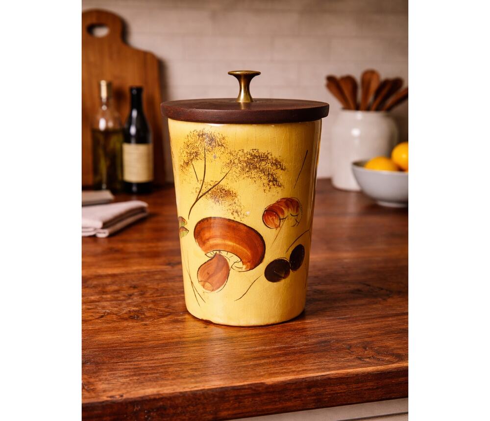 Vintage 70s Mushroom Glass Jar with Wooden Lid